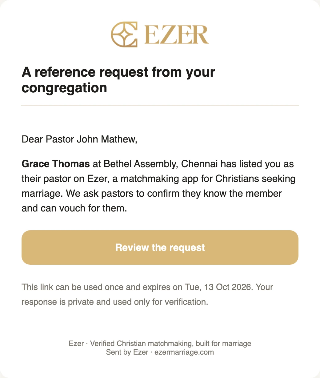 The reference request email: Grace Thomas at Bethel Assembly, Chennai has listed you as their pastor on Ezer, with a Review the request button.